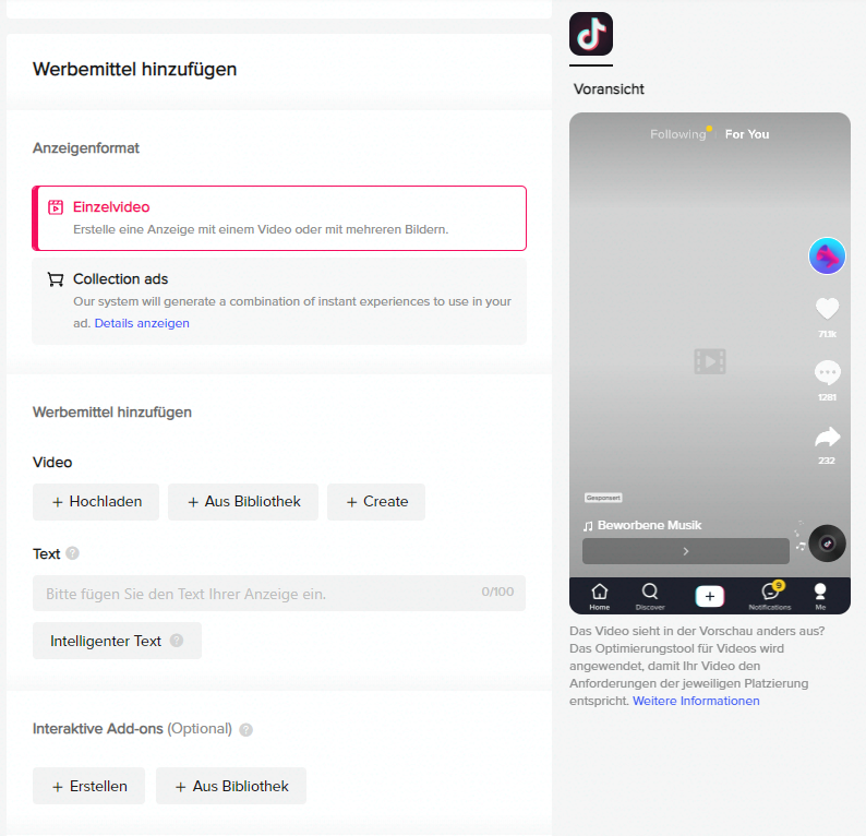 TikTok Werbung: Anzeigendetails einstellen