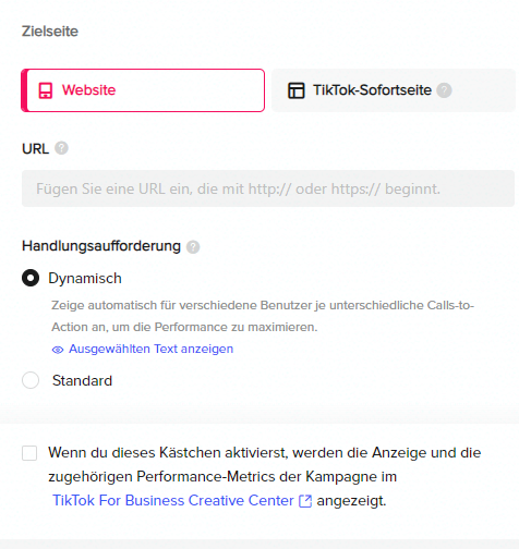 TikTok Werbing: Webseiten-URL einfügen und CTA einstellen