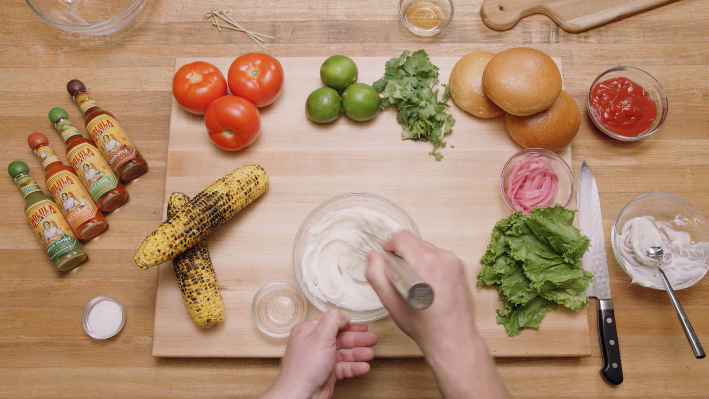 top down view of food preparation with ingredients organized closeby