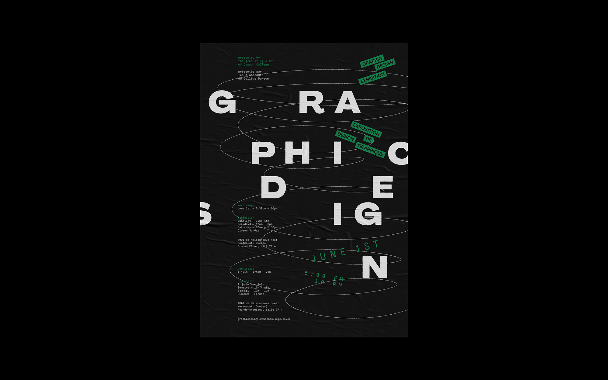 Black poster with writing in green and white. A lot of flying elements. The poster is textured looking like it is glued.
