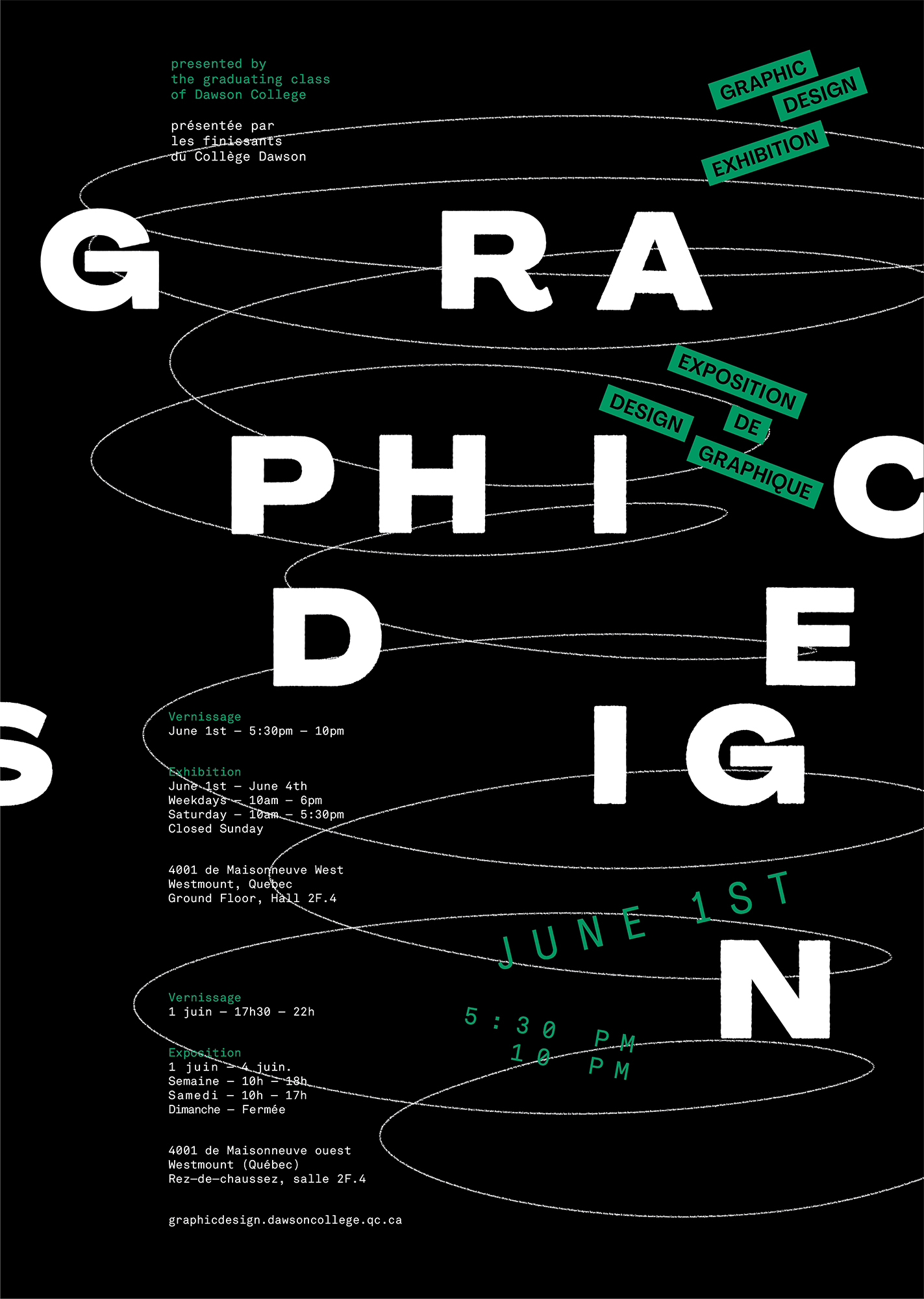 Black poster with writing in green and white. A lot of flying elements.