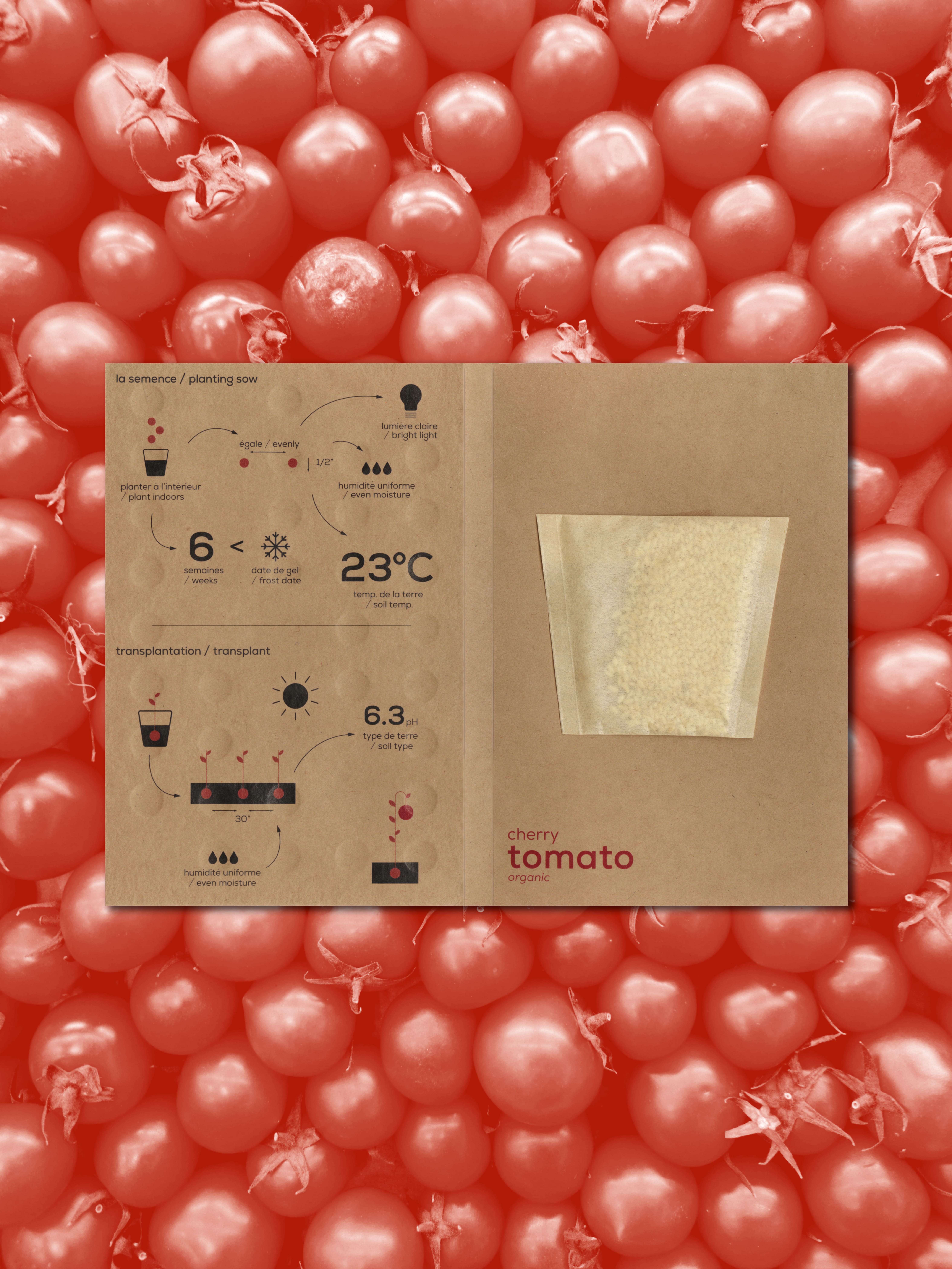 A tomato seed package on a picture of tomatoes.
