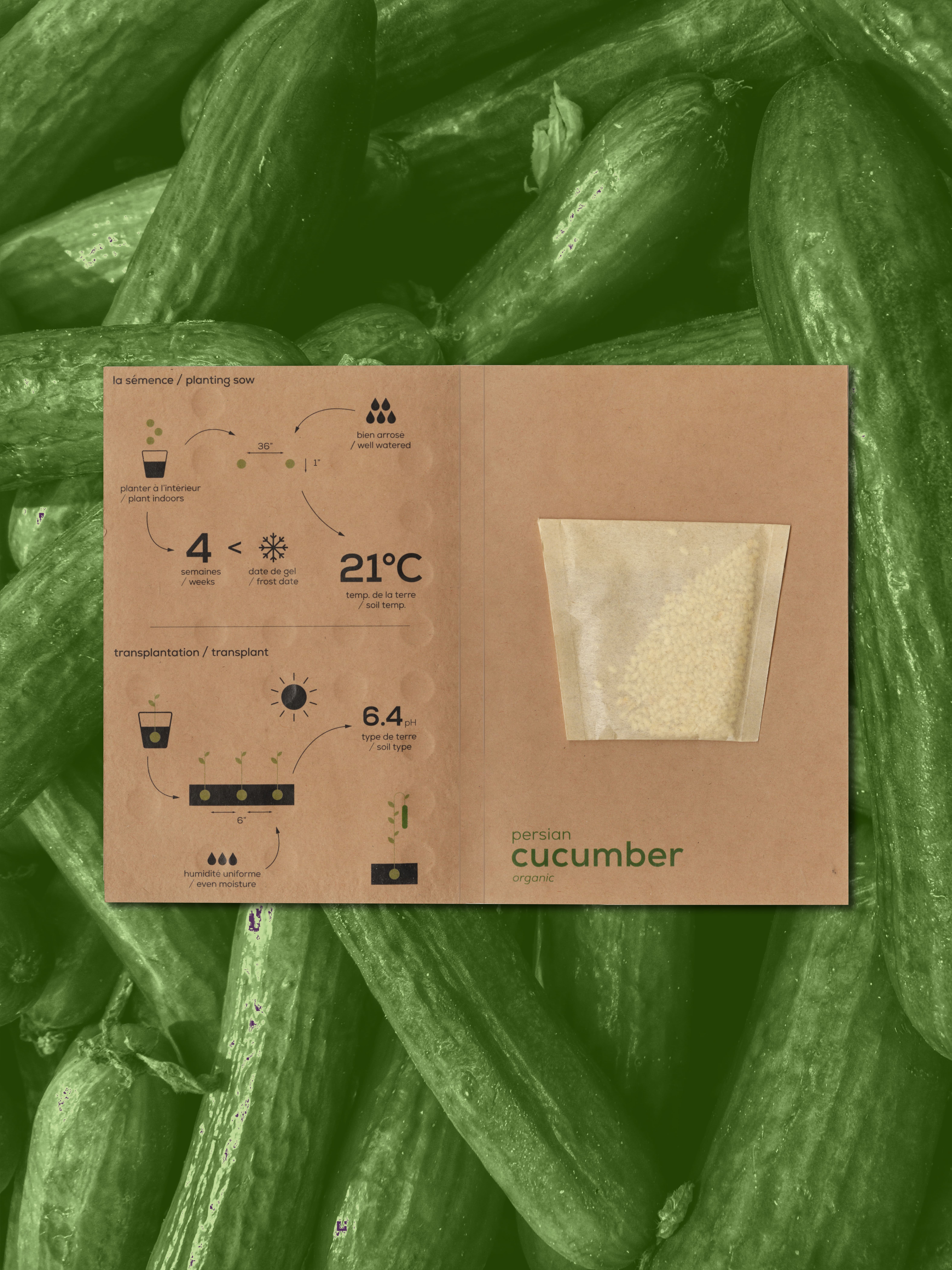 A cucumber seed package on a picture of cucumbers.