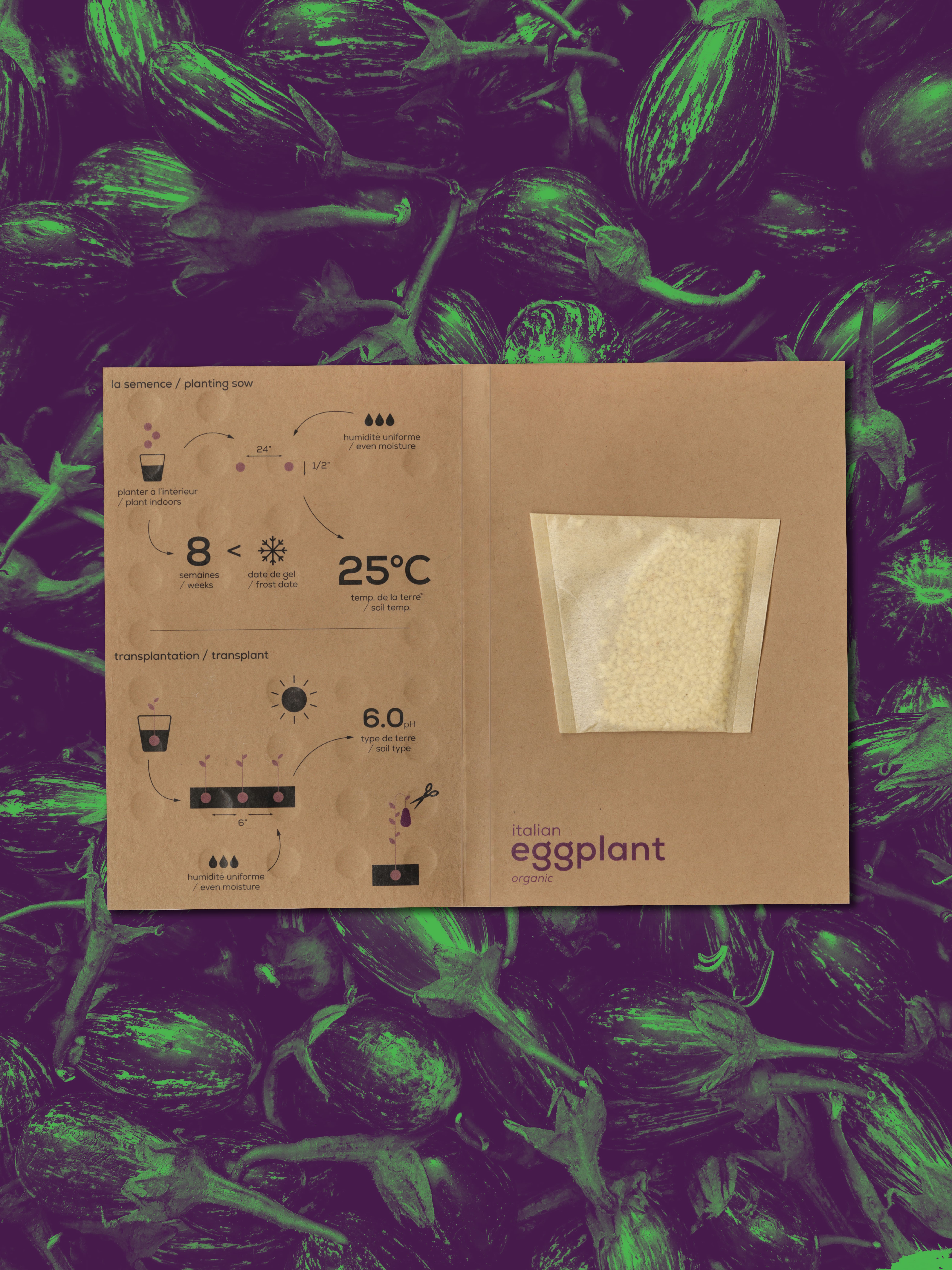 An eggplant seed package on a picture of eggplants.