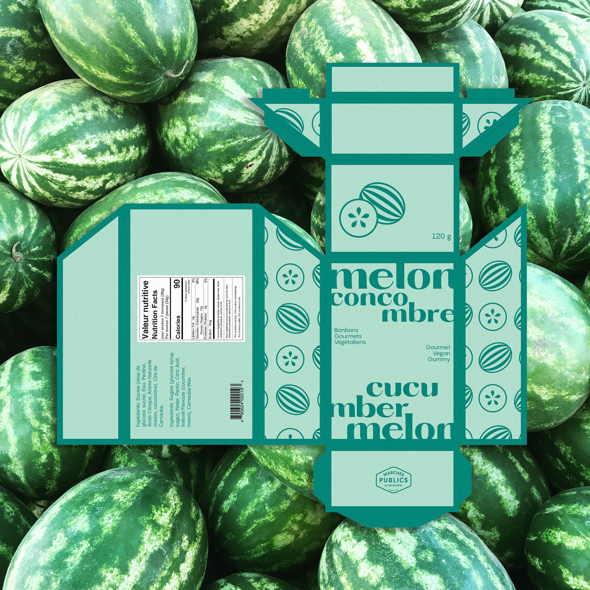 A green candy package on a picture of watermelons as a background.