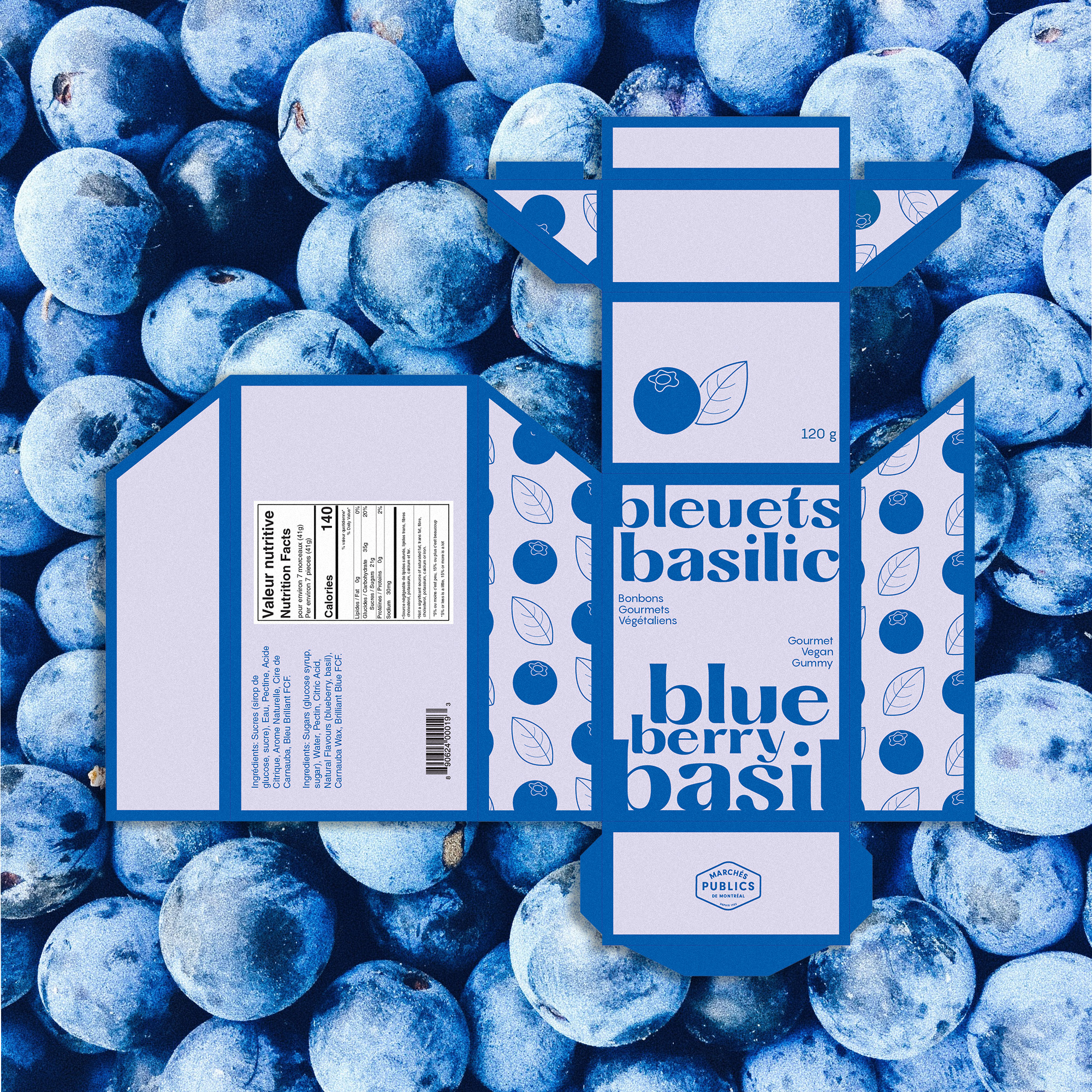A blue candy package on a picture of blueberries as a background.