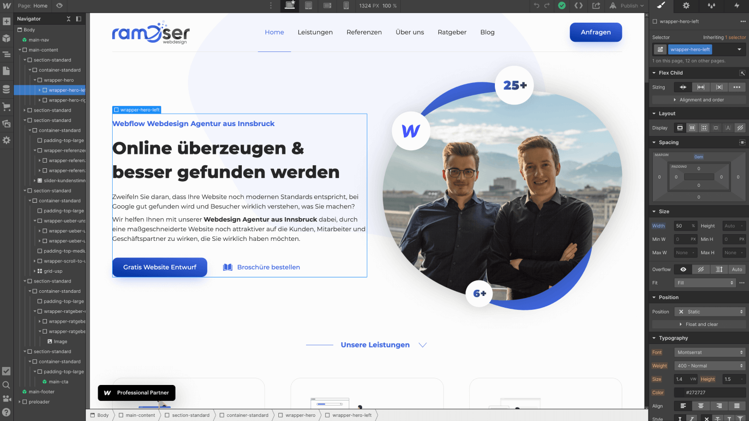 Screenshot der Oberfläche im Webflow Designer von Ramoser Webdesign