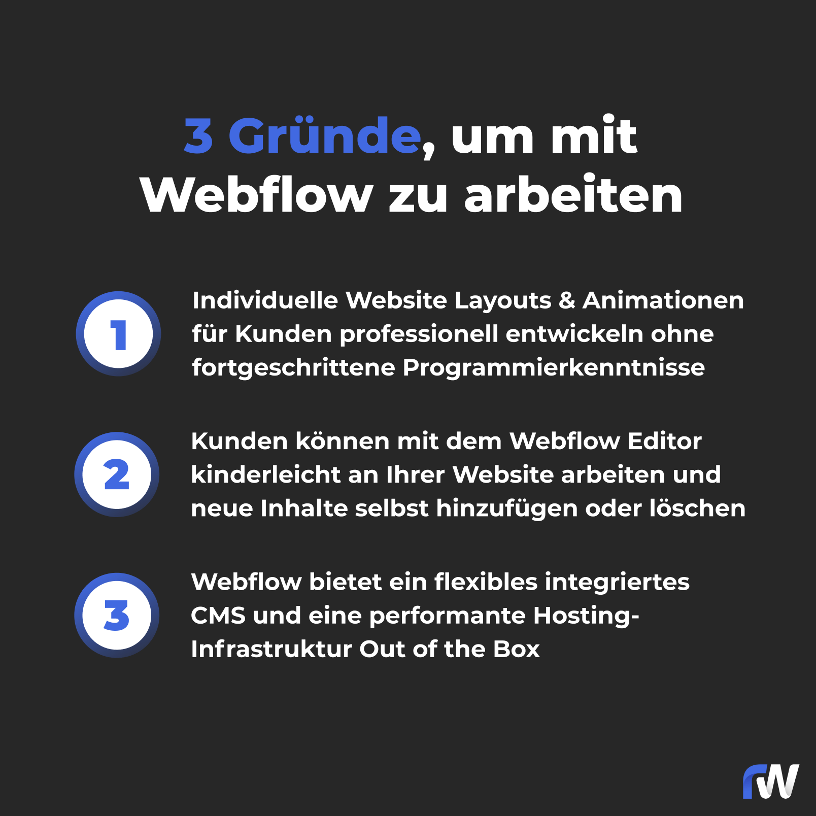 Liste mit Gründen, die für das Arbeiten mit Webflow sprechen