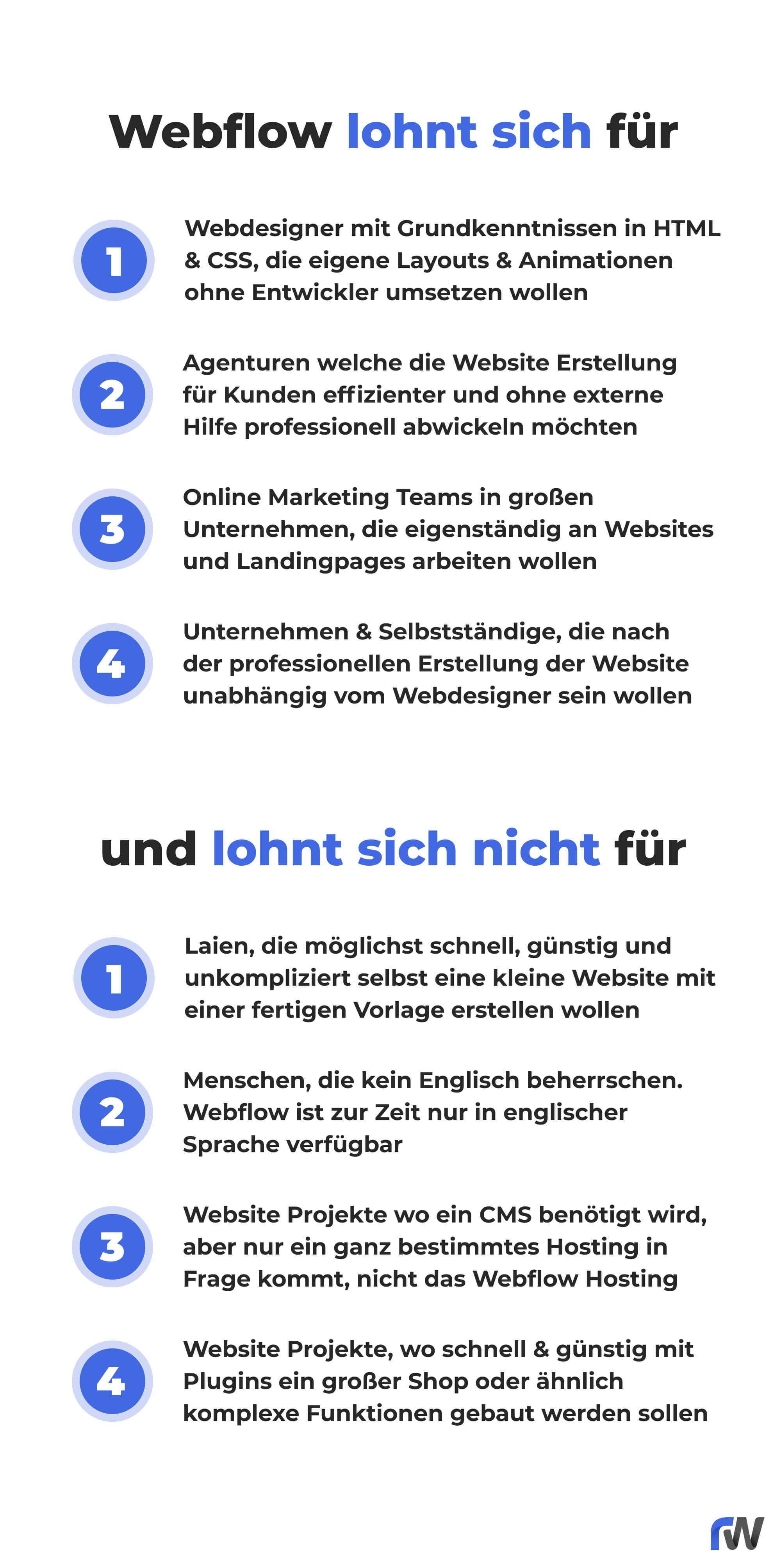 Infografik mit typischen Fällen, wo Webflow lohnenswert ist oder nicht