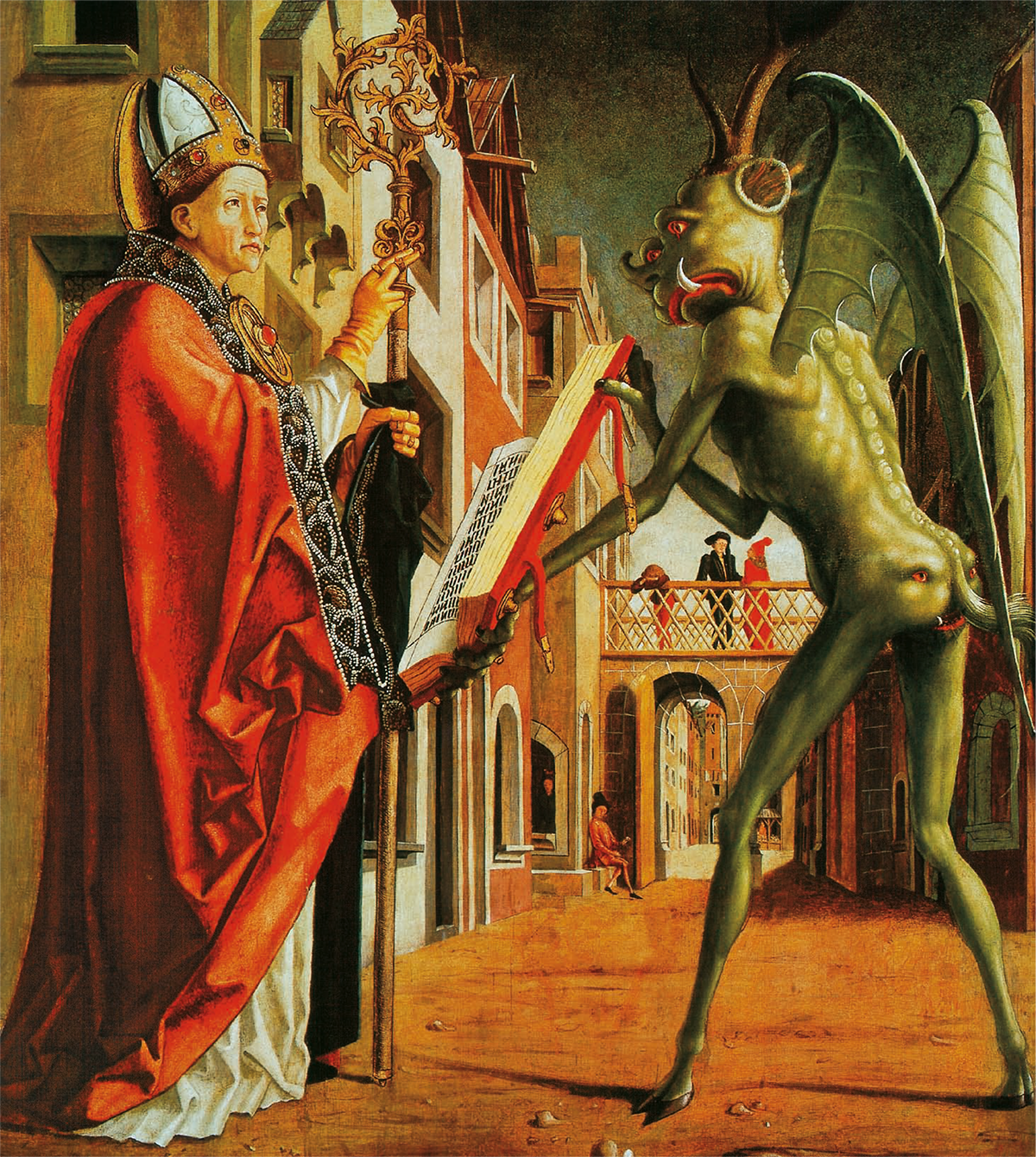 Michael Pacher’s oil painting on wood ‘The Devil holding the Book of Vices to St. Augustine’, 1483 (Alte Pinakothek, Munich).