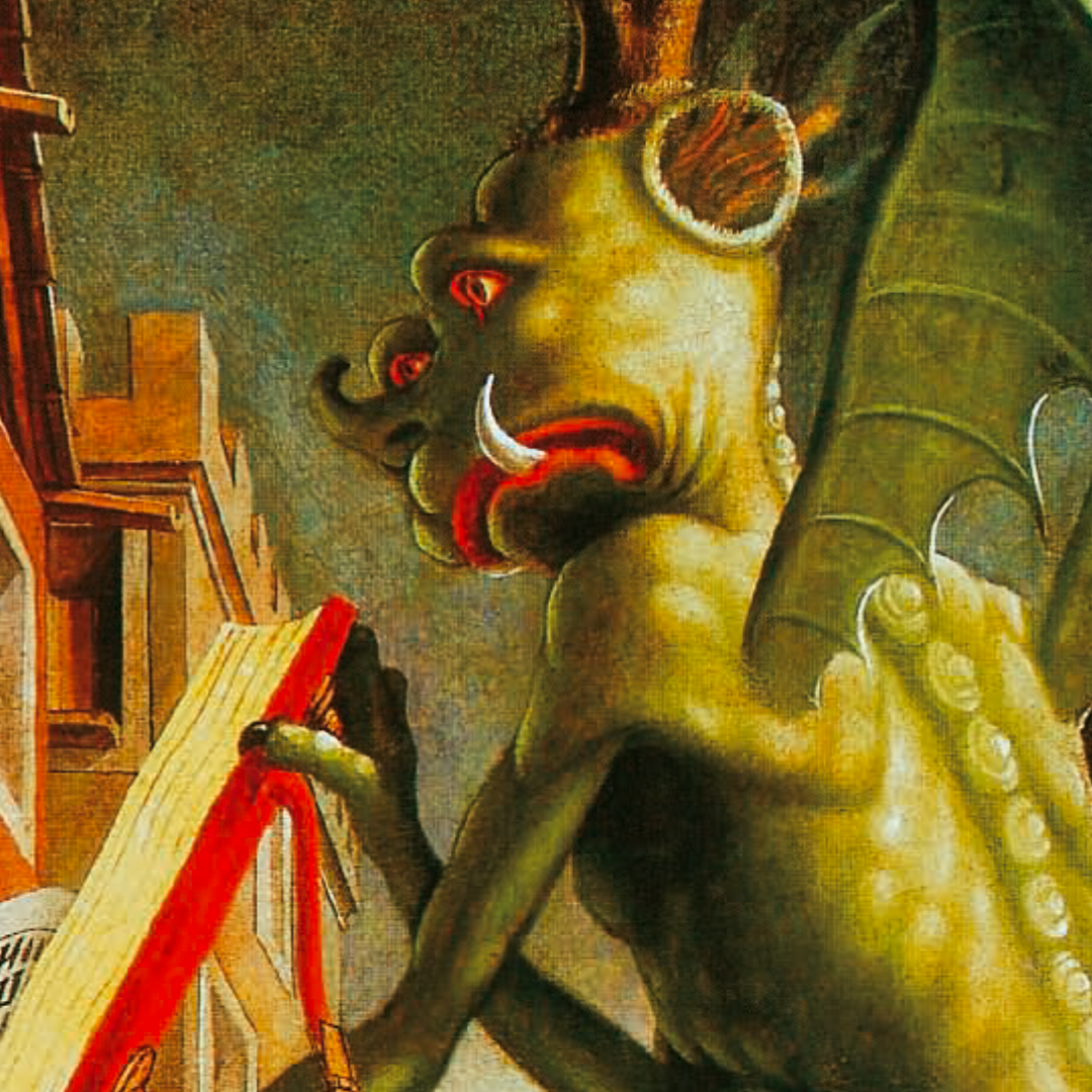 Details of Michael Pacher’s oil painting on wood ‘The Devil holding the Book of Vices to St. Augustine’, 1483 (Alte Pinakothek, Munich).