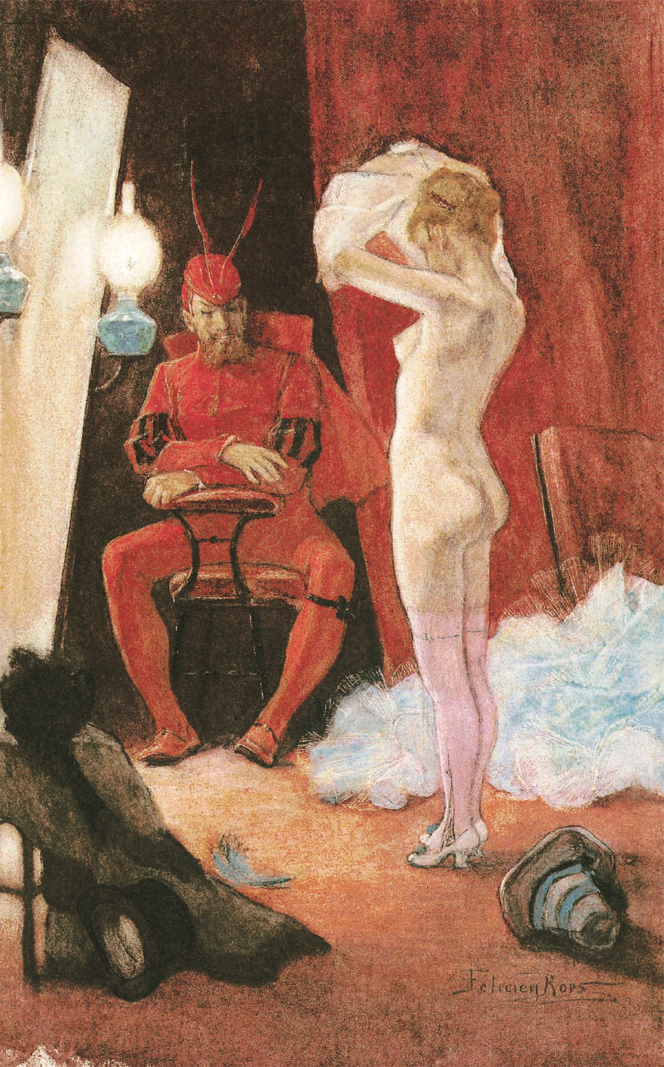 Félicien Rops’ pastel and watercolour ‘Behind the Scenes’, 1890 (Private collection, Brussels, Belgium).