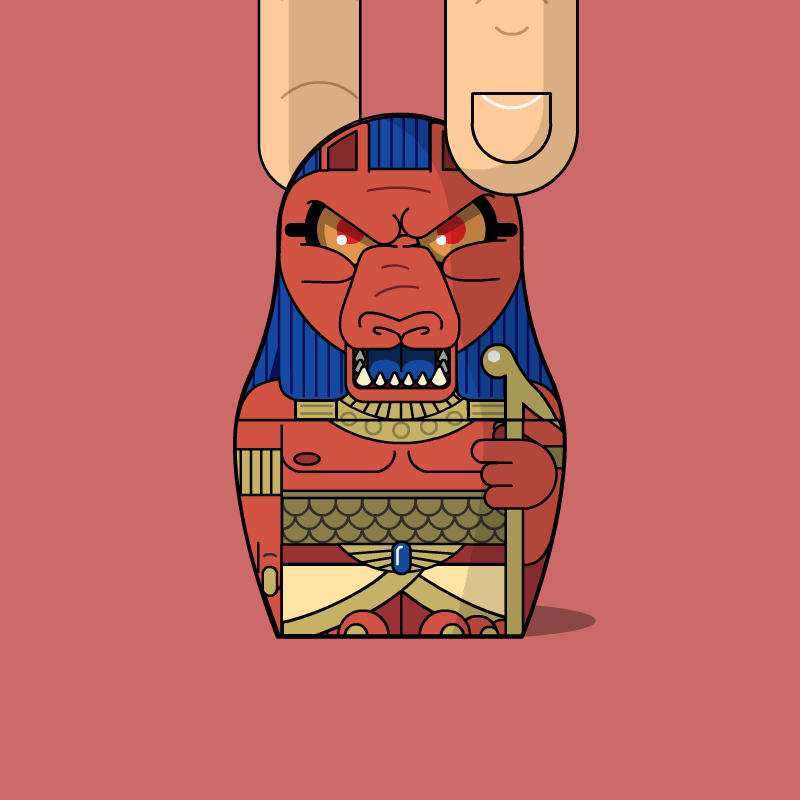 Looping animation of russian doll: Putin transforms into ancient god of storms and violence, Set.