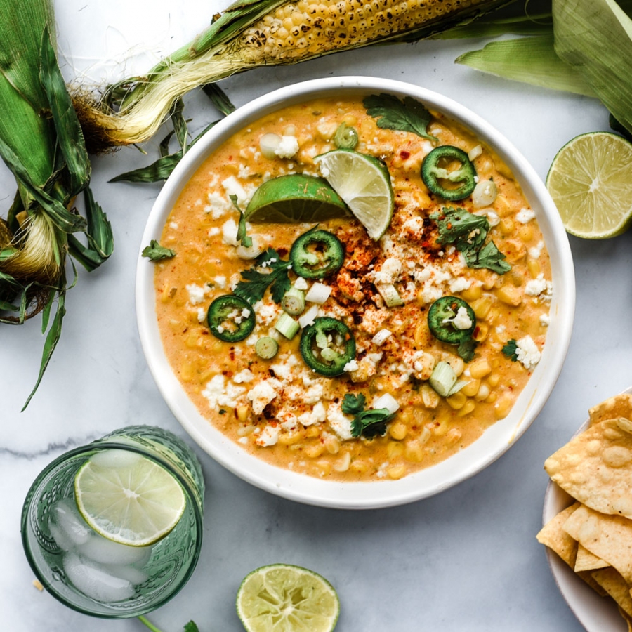 Bowl of Mexican street corn chowder.