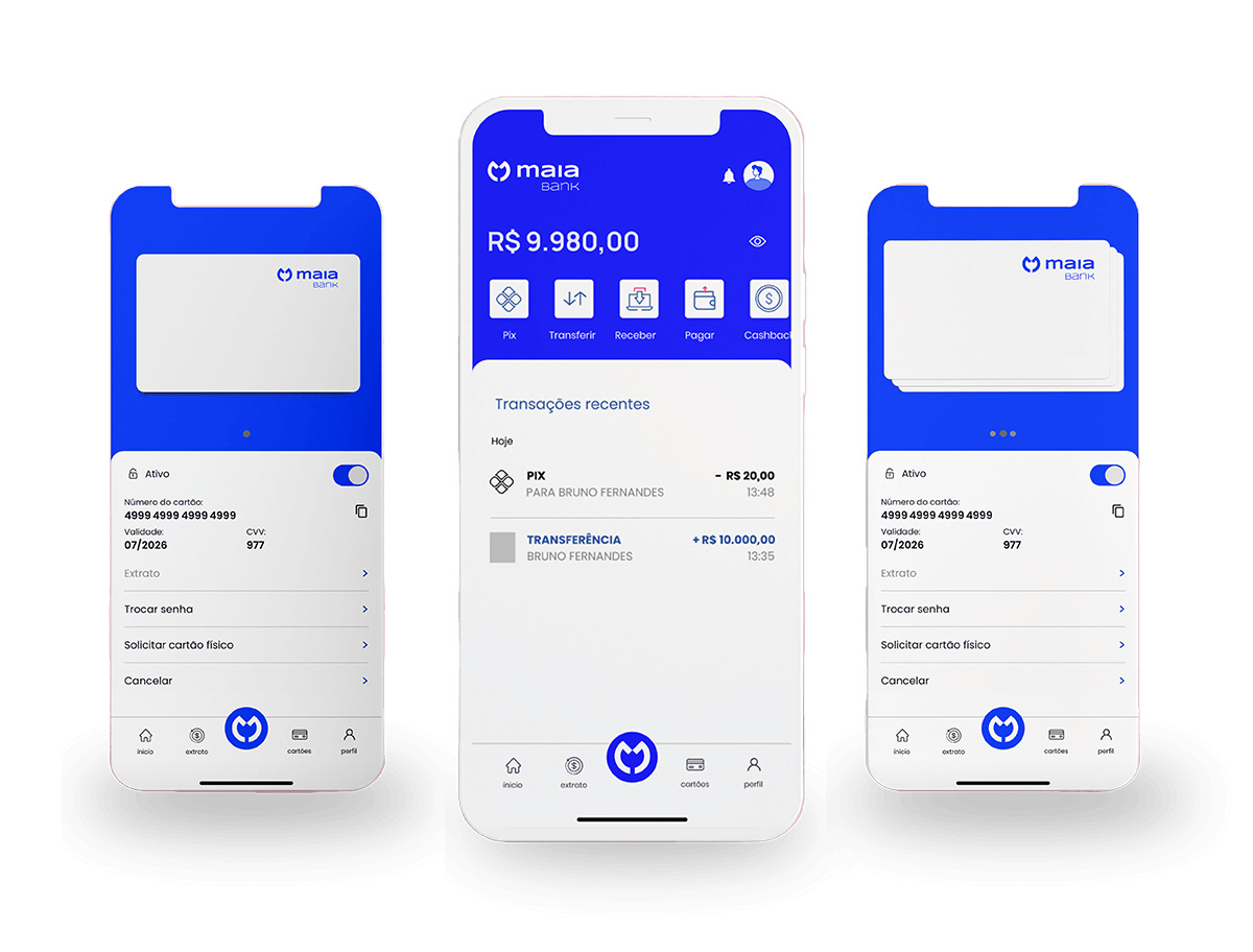Três telas mostrando a interface do app.