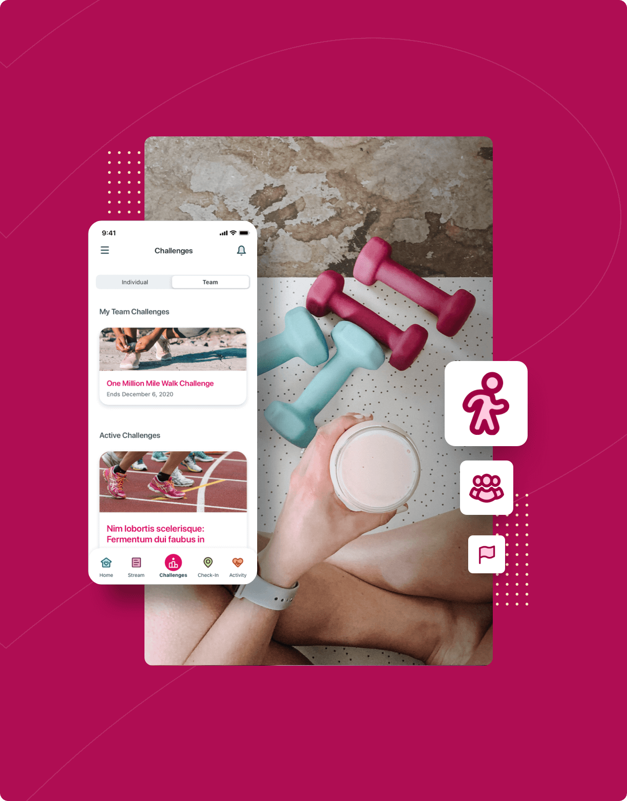 Wellworks For You app displaying wellness challenges with woman sitting post-workout