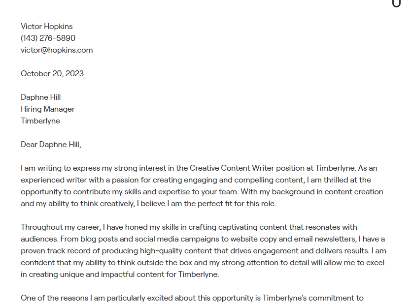 content writer cover letter