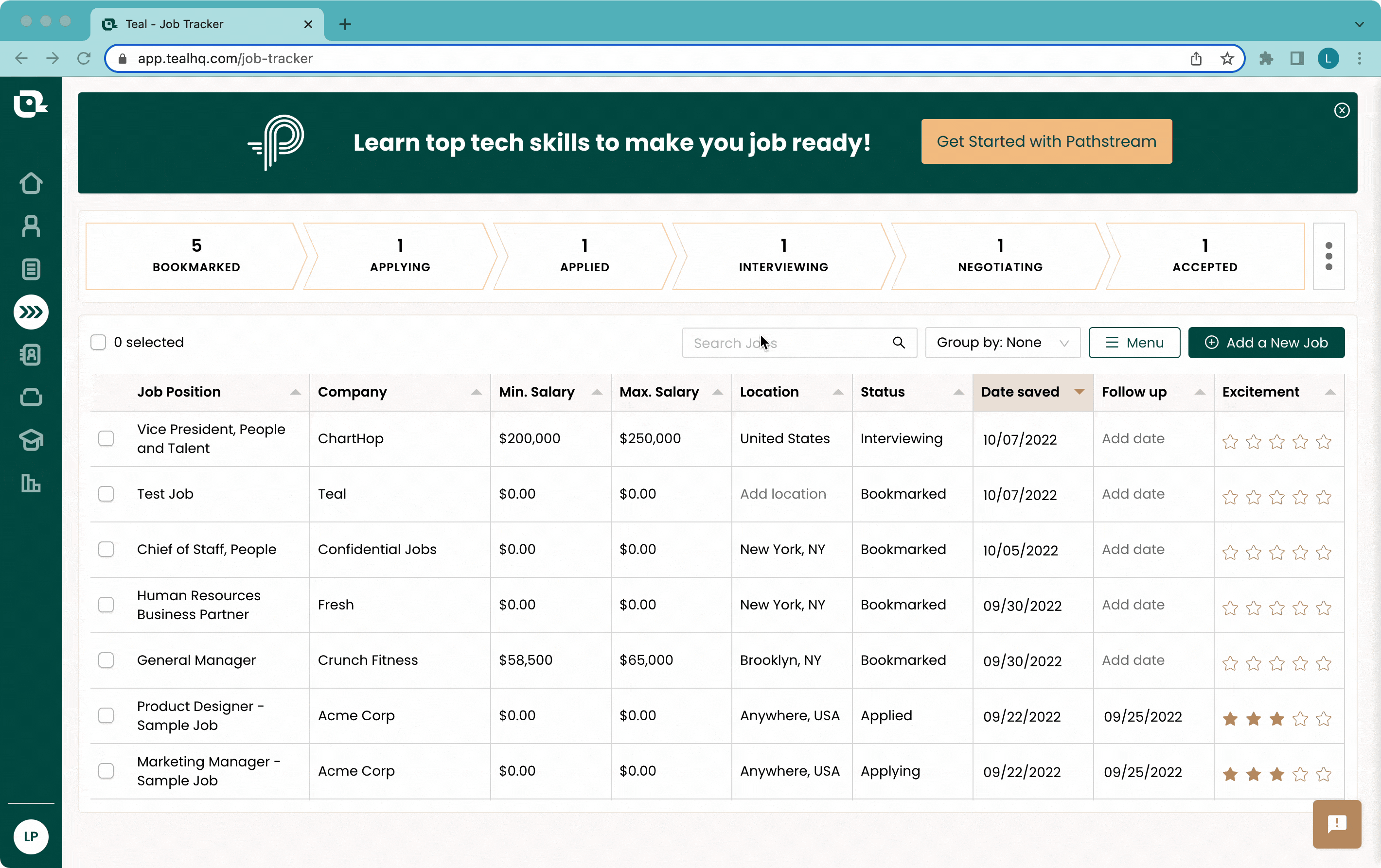 Teal’s Job Application Tracker saves notes for every job you are interested in to help you stay organized.
