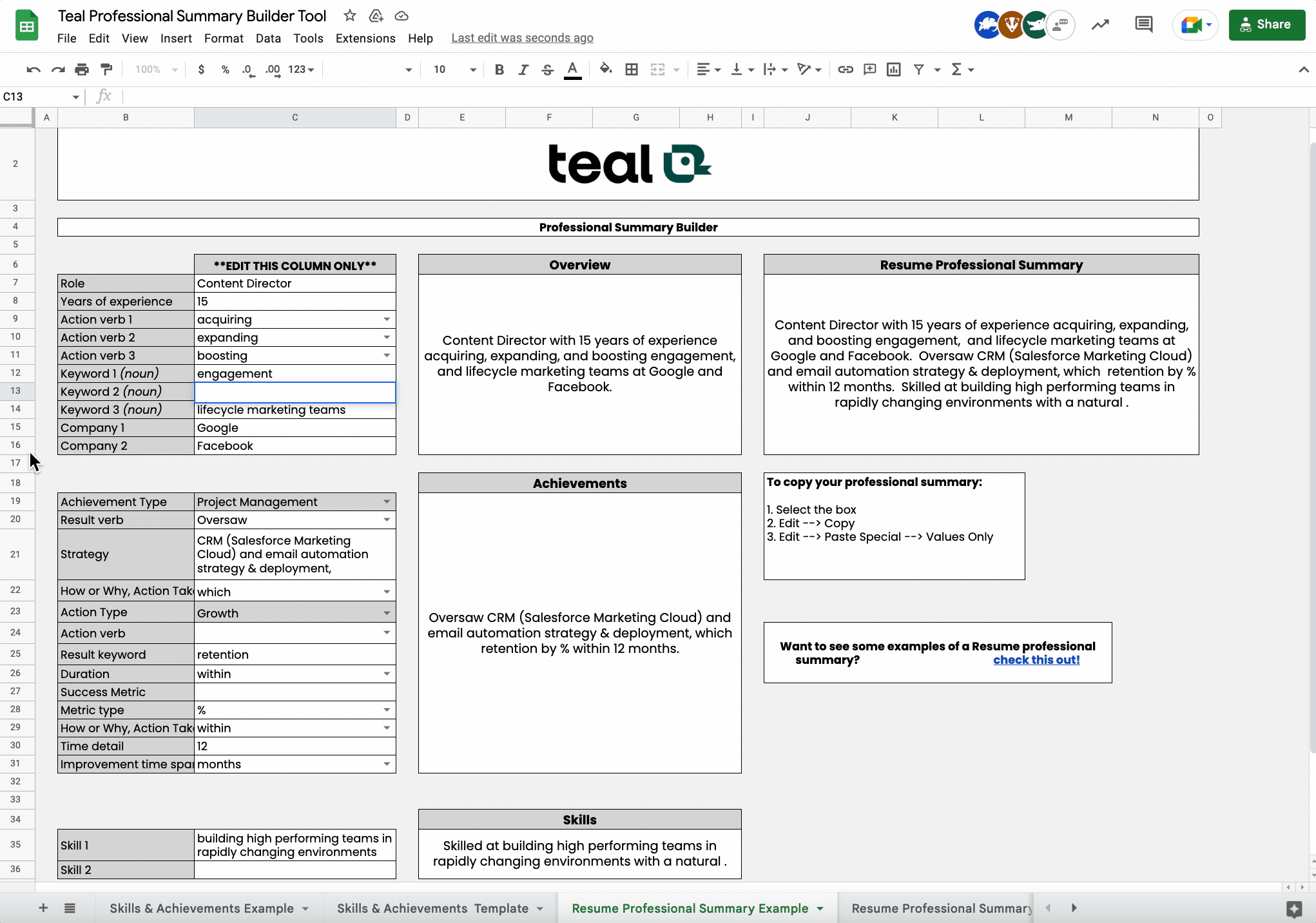 Fill in each section of the Professional Summary Builder to generate your summary.