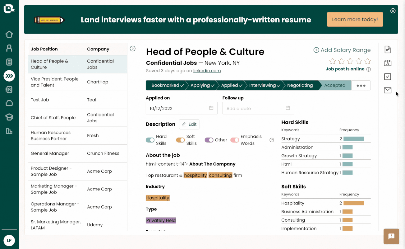 Teal’s Free Job Application Tracker with email templates for giving your resignation.