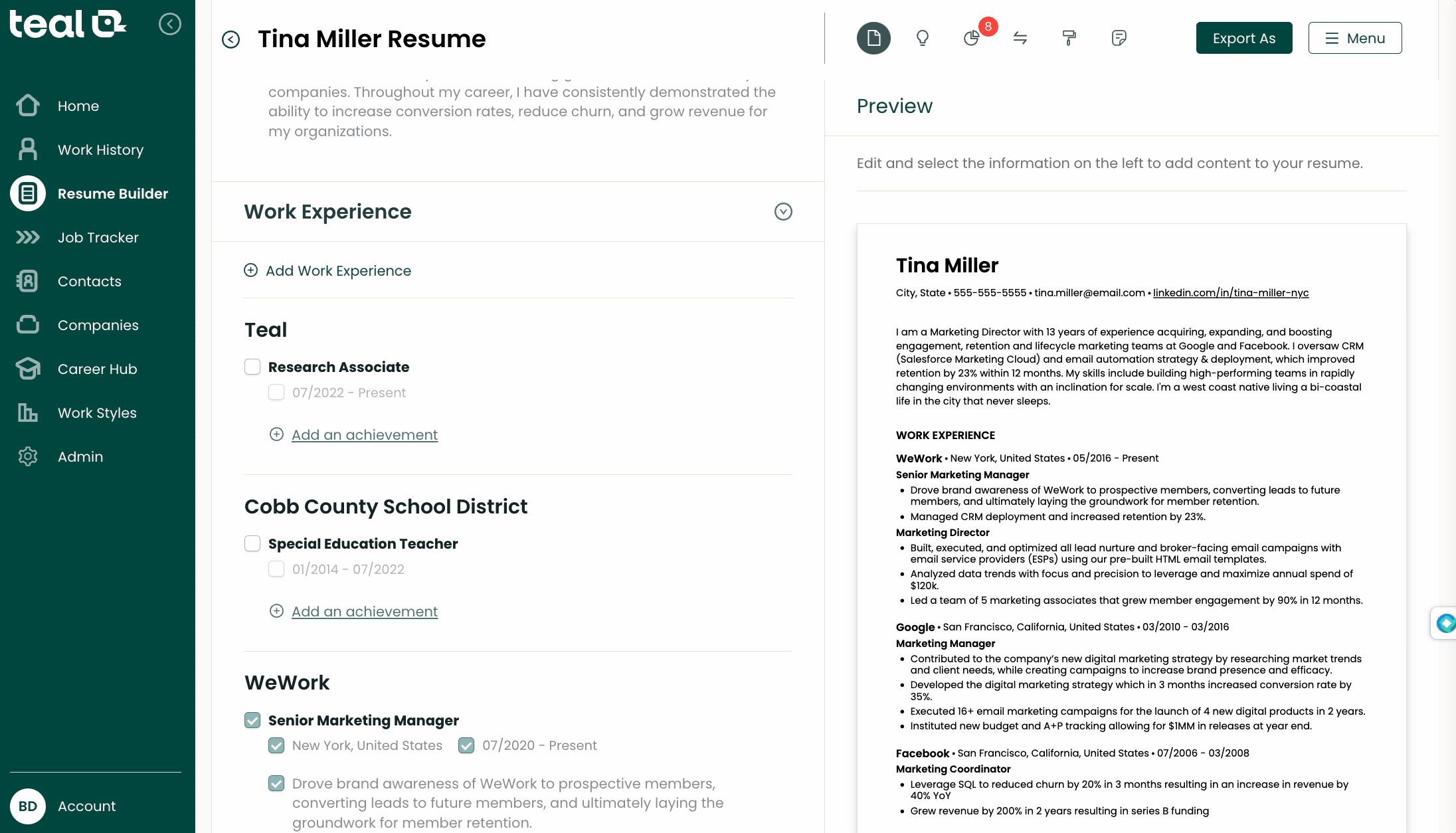 Use the AI integration feature within Teal's AI Resume Builder to generate work achievements.