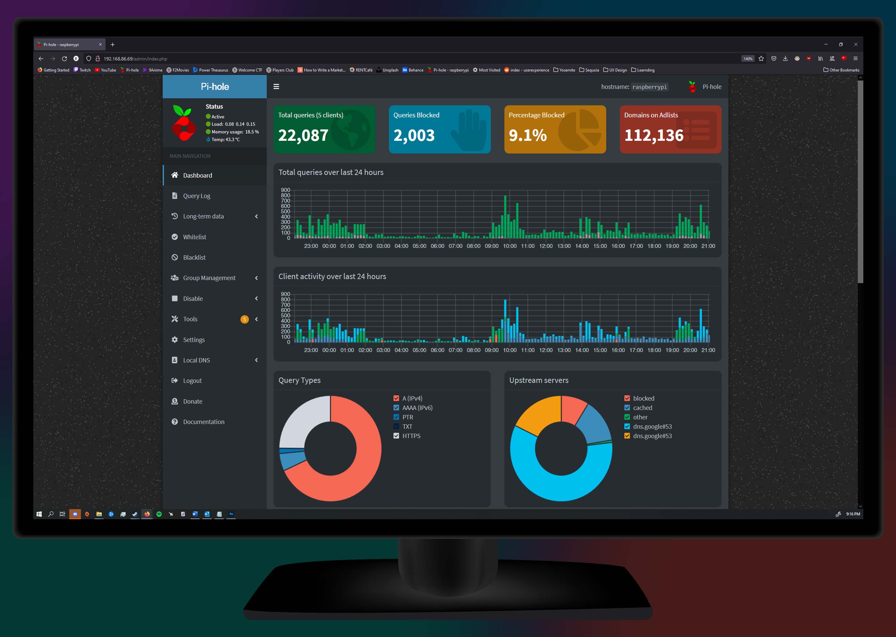 A screenshot of the Pi-Hole's dashboard.