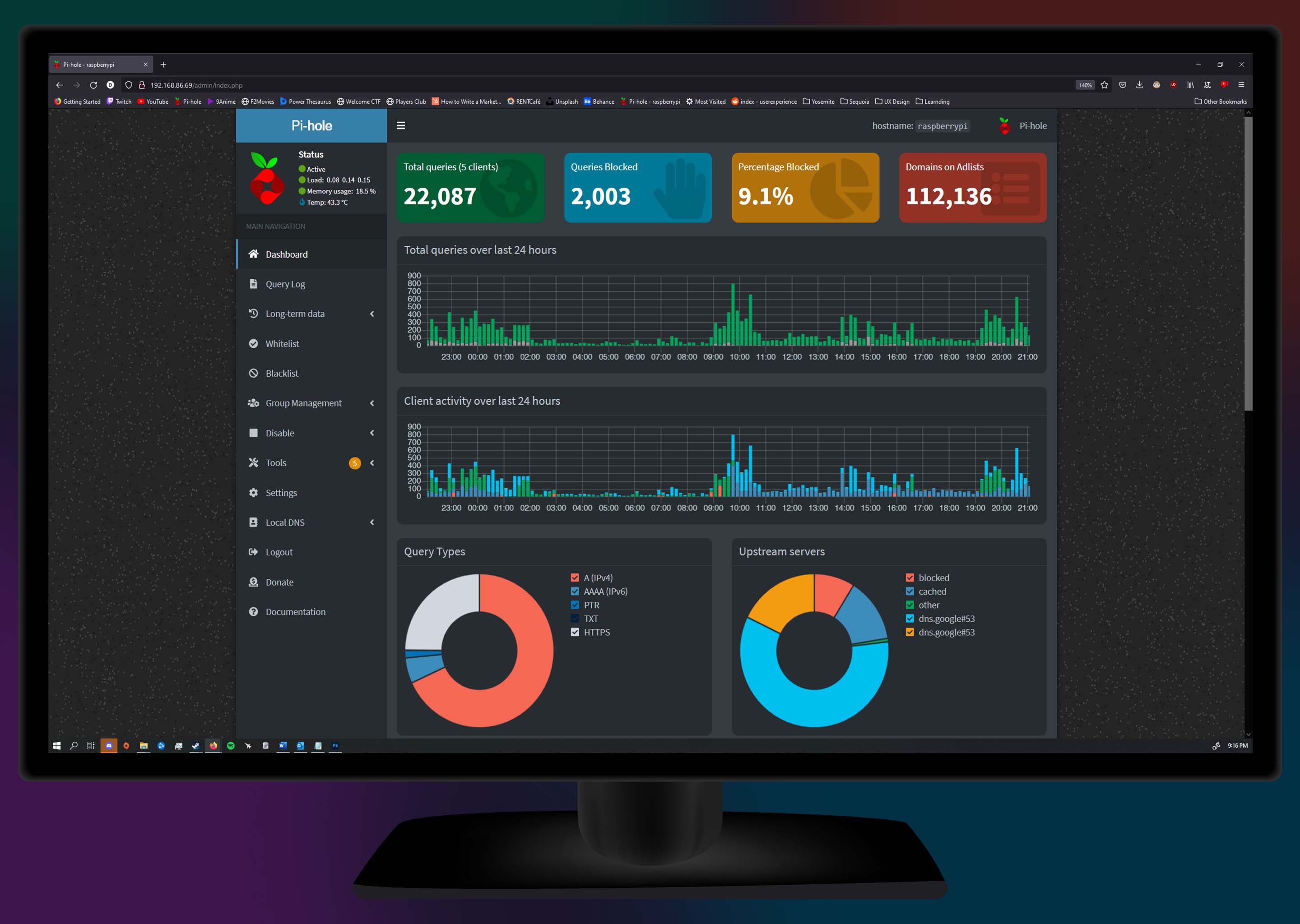 A screenshot of the Pi-Hole's dashboard.