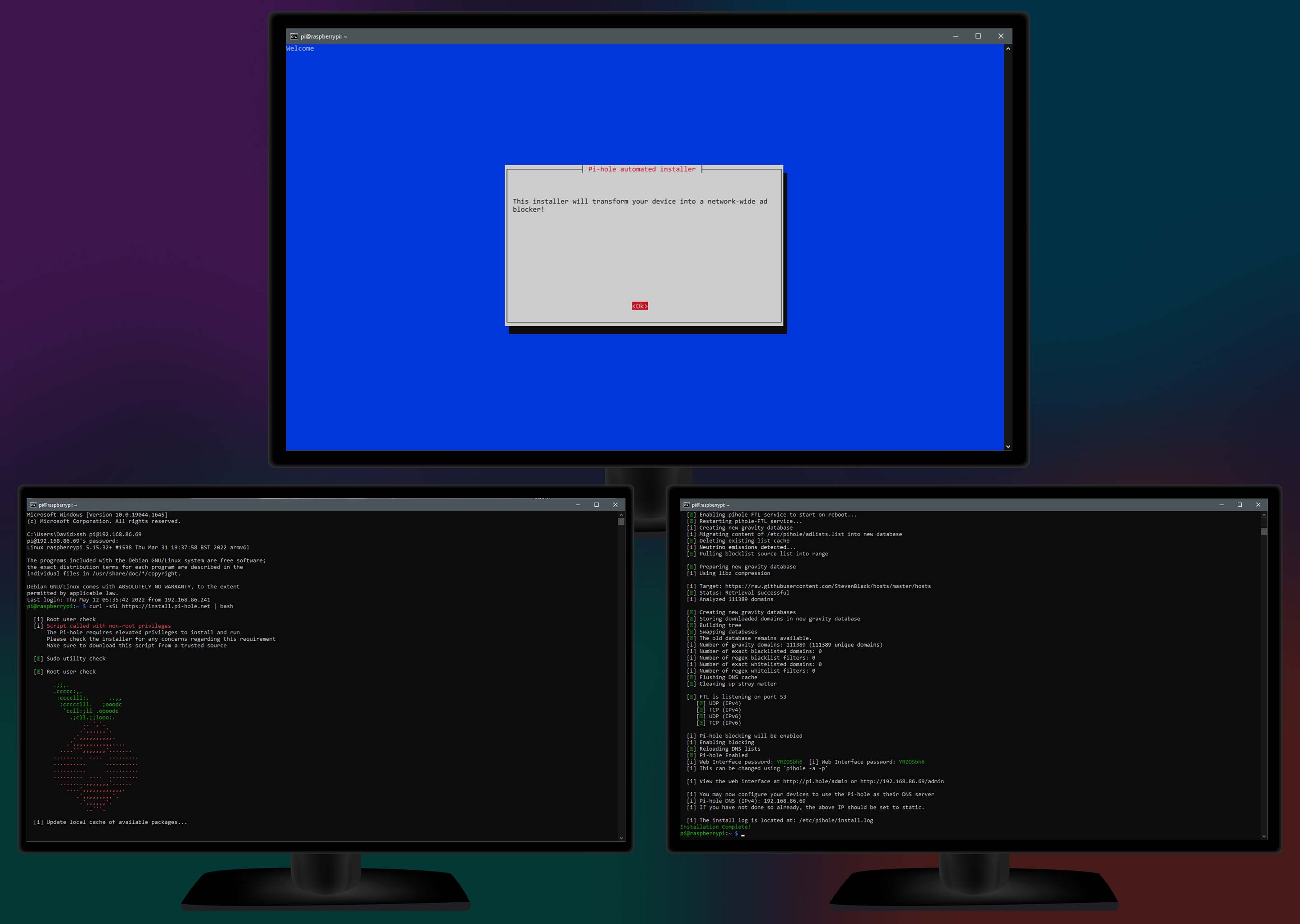 3 screenshots of a terminal showing the Pi Hole's setup prompts.