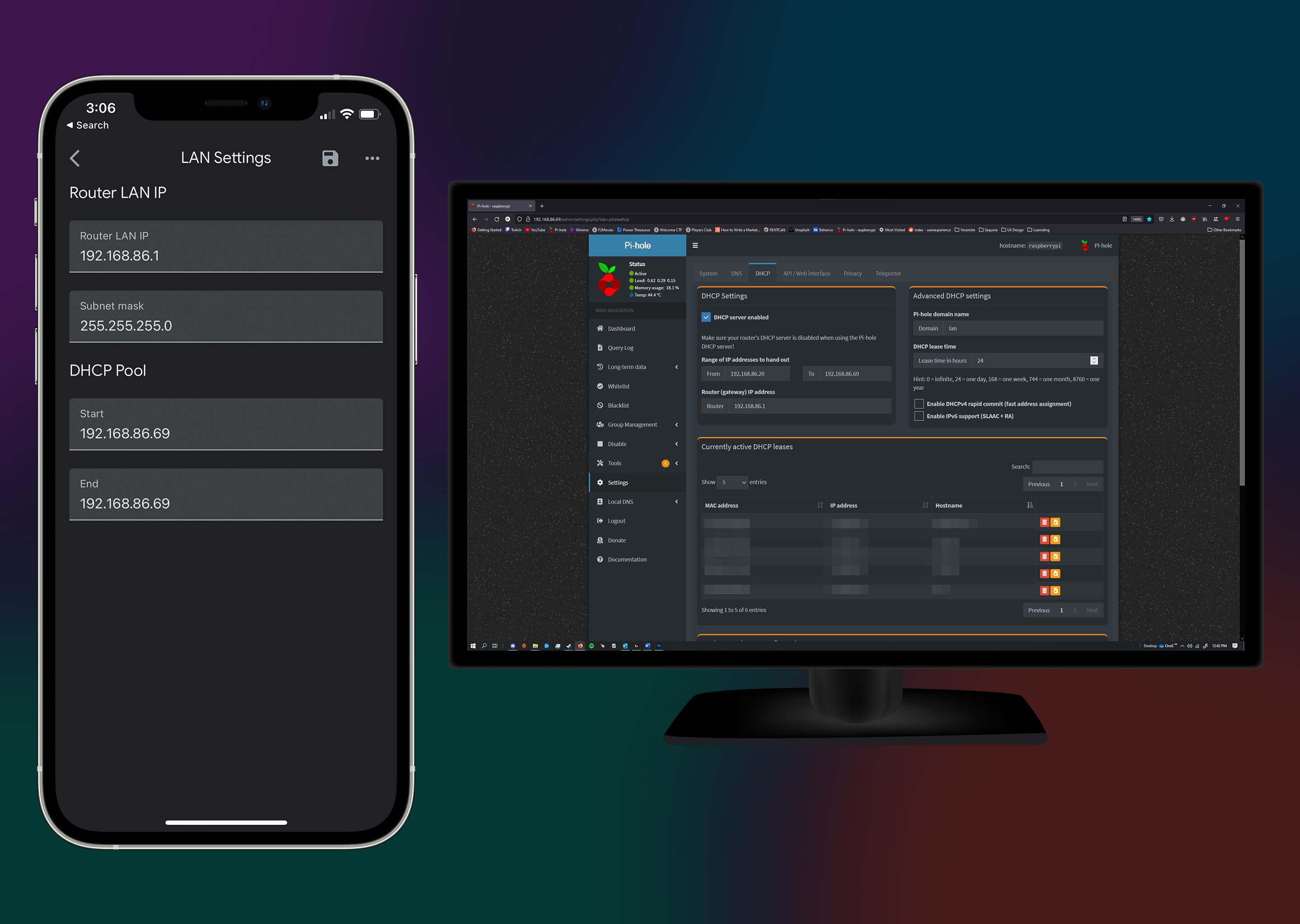 2 screenshots. One is of the Google Home app showing the Router LAN IP settings & DHCP Pool. The other is showing the Pi-Hole's DHCP settings.