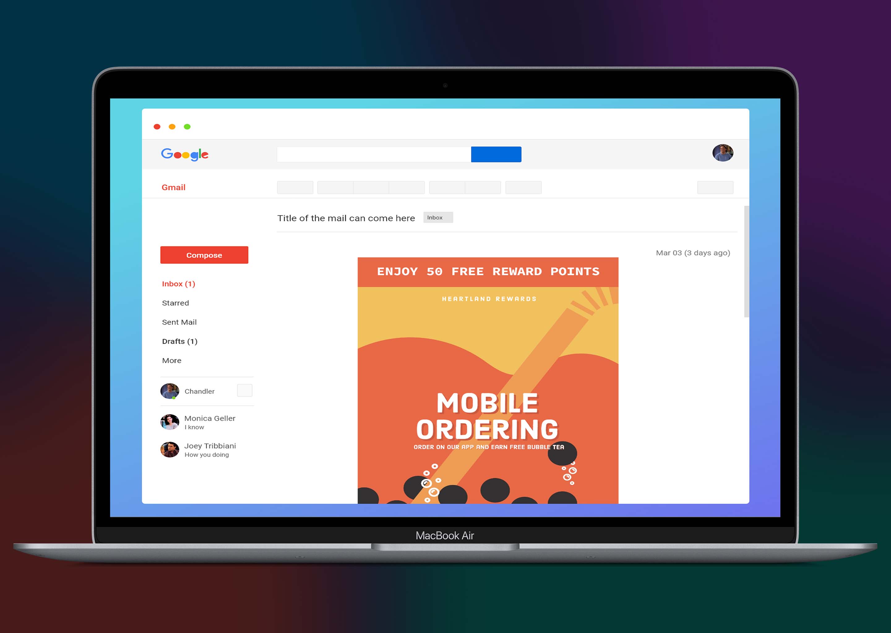 A laptop mockup with an open Gmail advertisement for "Mobile Ordering".