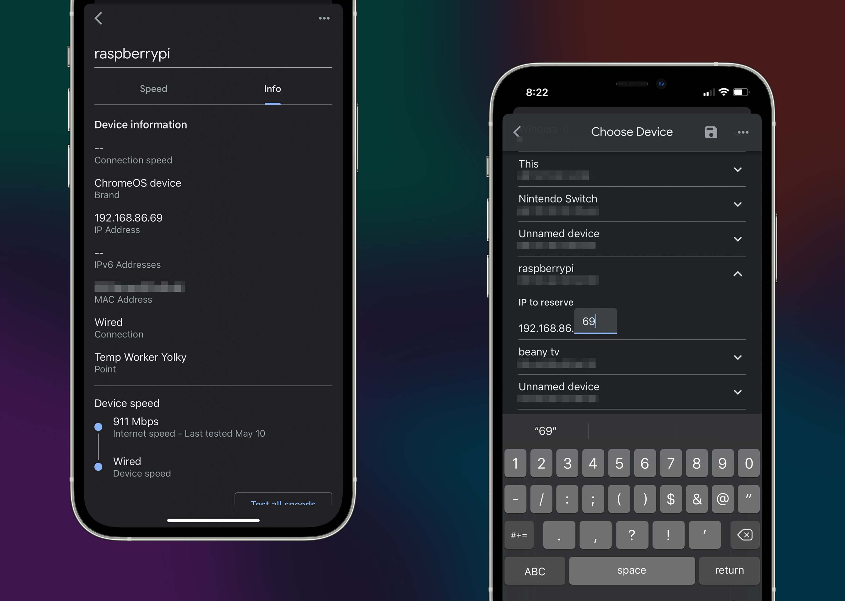 2 screenshots of the Google Home app. It shows the Raspberry Pi is connected to the network, and it shows the IP reservation setting.