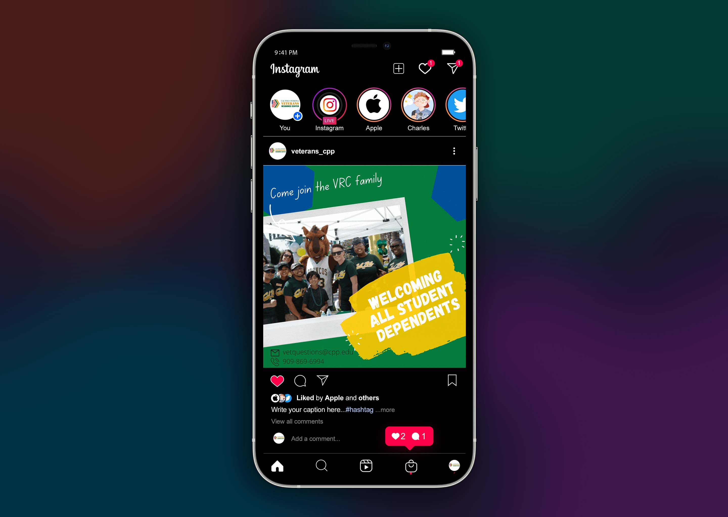 A mockup of an iPhone on Instagram viewing a simulated post by the CPP VRC.