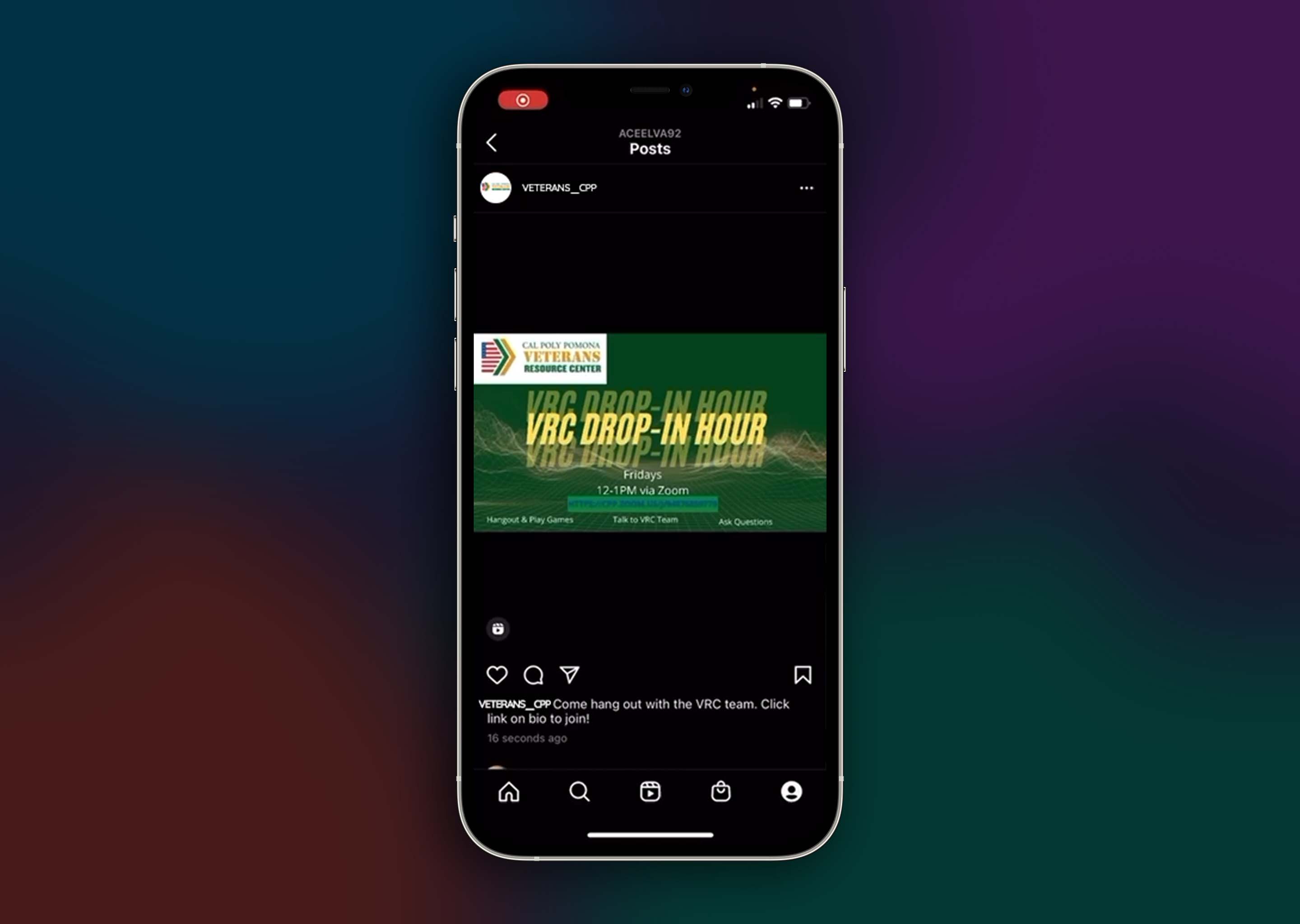 A mockup of an iPhone on Instagram viewing a simulated post by the CPP VRC.