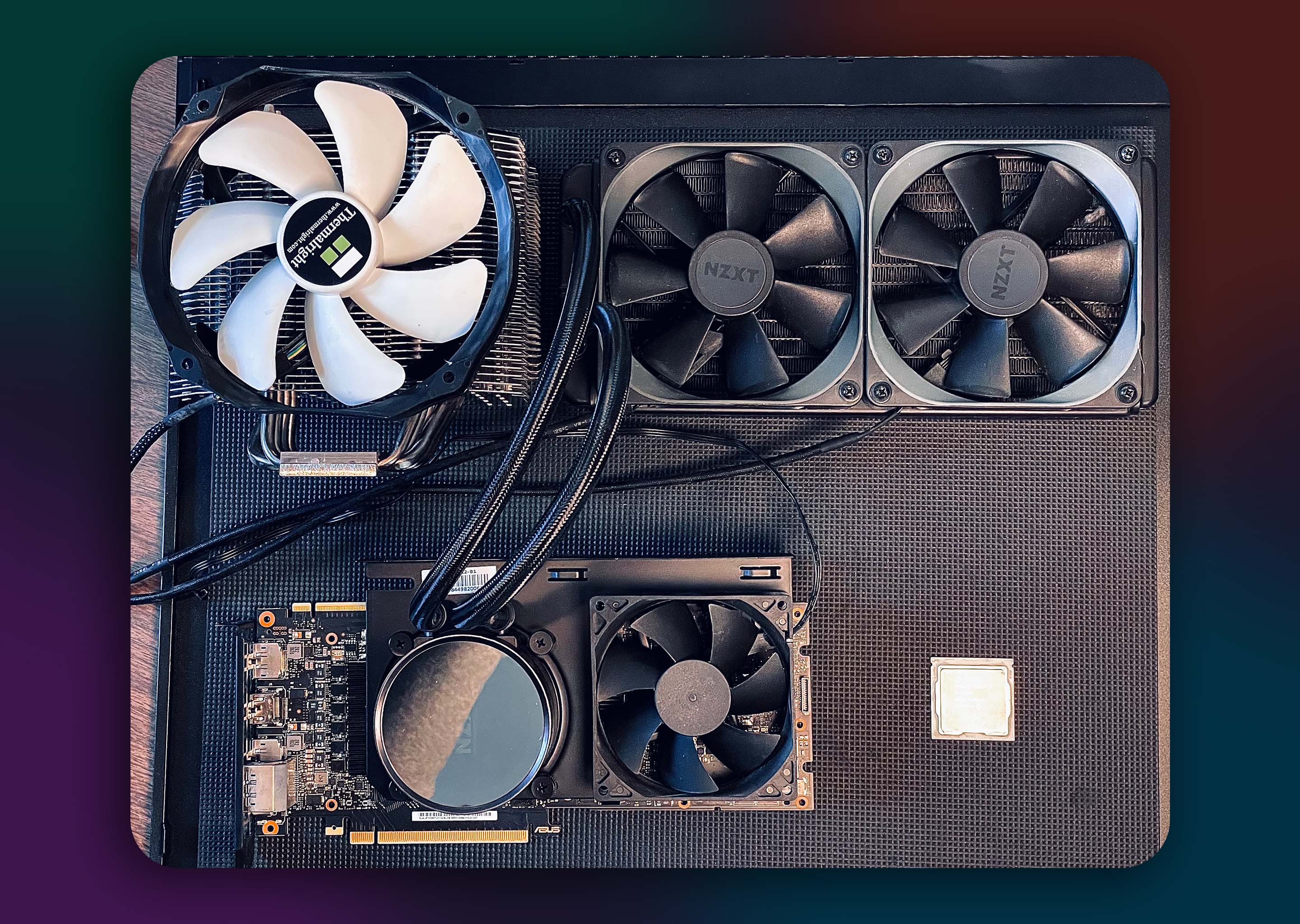 A CPU, CPU Air Cooler, and GPU with modified liquid cooling.