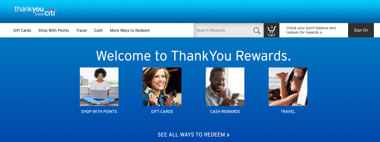 The homepage of Citibank’s Citi Thank You Ⓡ Rewards website, featuring numerous options for redeeming the points collected through banking with Citibank.