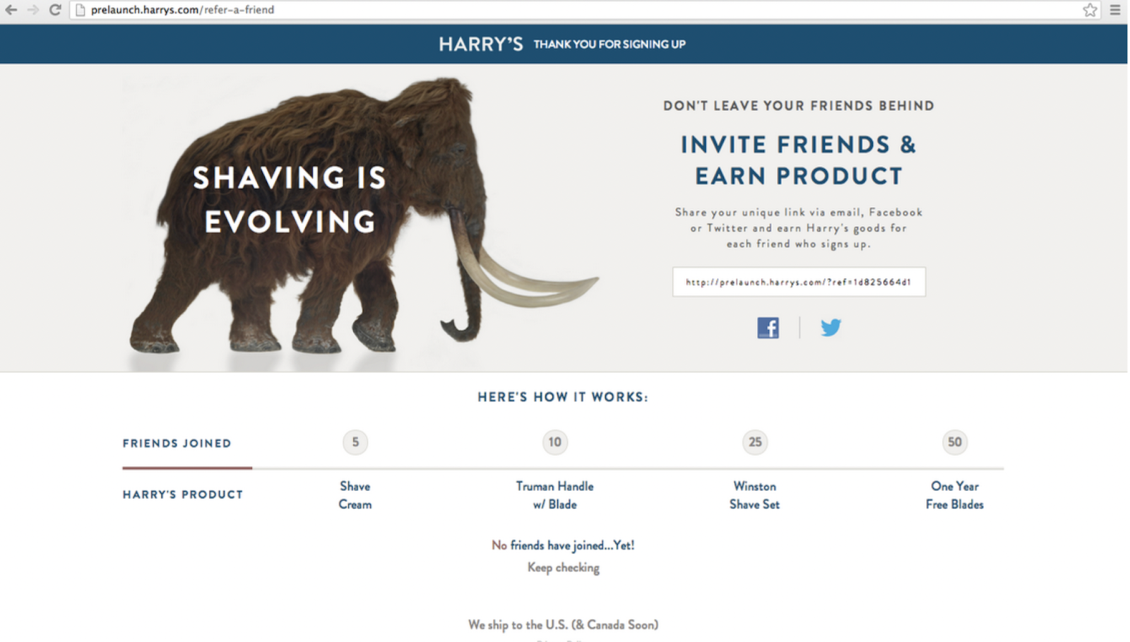 A screenshot of Harry's prelaunch referral webpage.