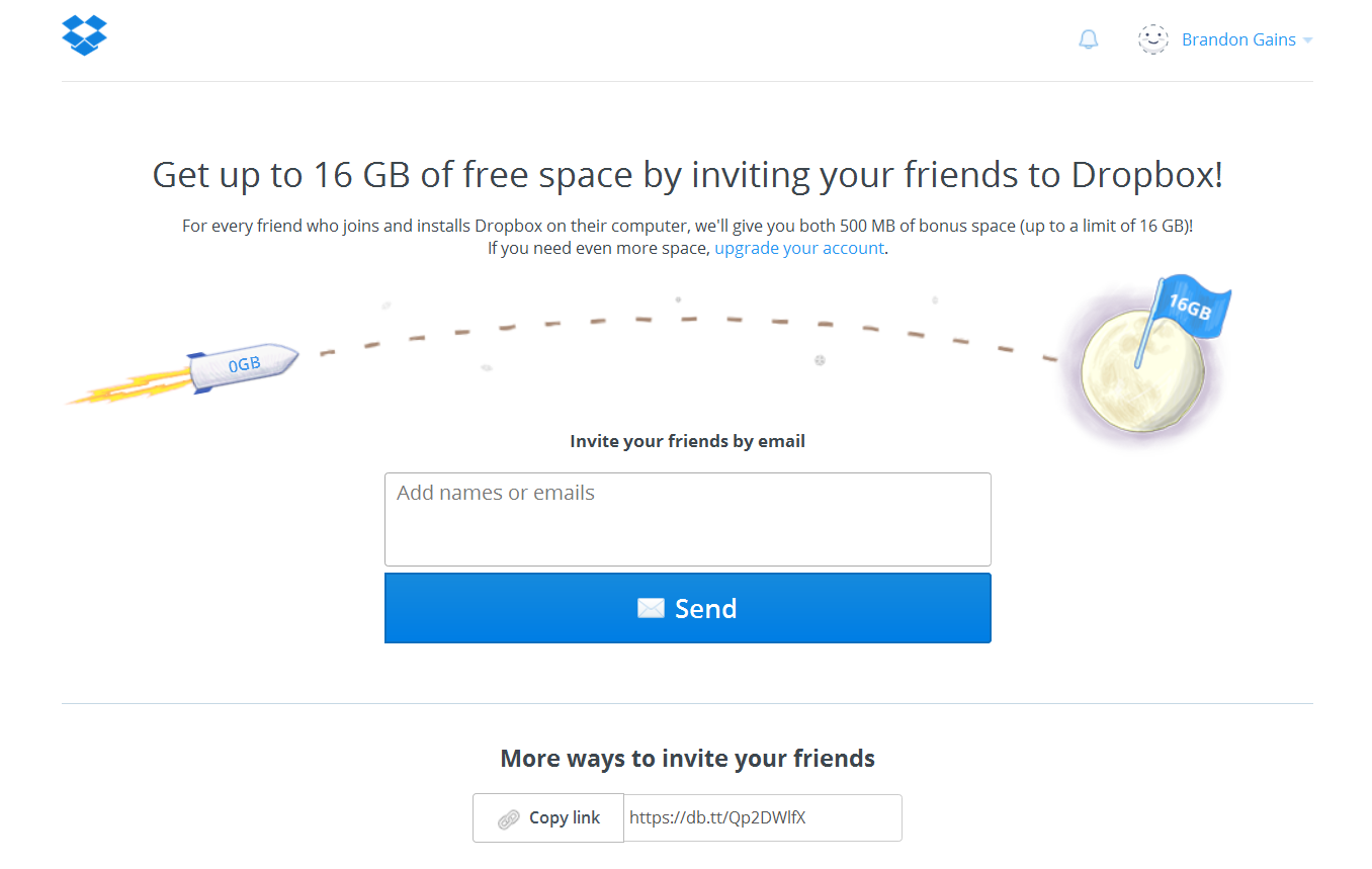 Picture showing the Dropbox referral program website.