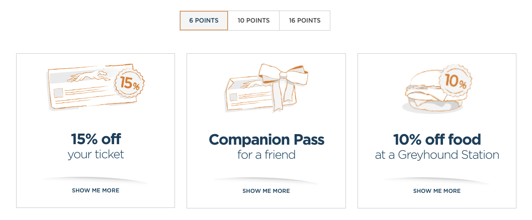 Benefits under the Road Rewards system offered by Greyhound.