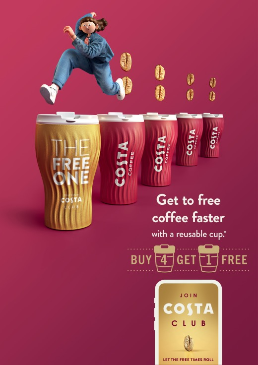 Costa made sustainability a key part of their revised loyalty proposition, rewarding members using reusable cups with free coffee after just four cups (as opposed to eight).