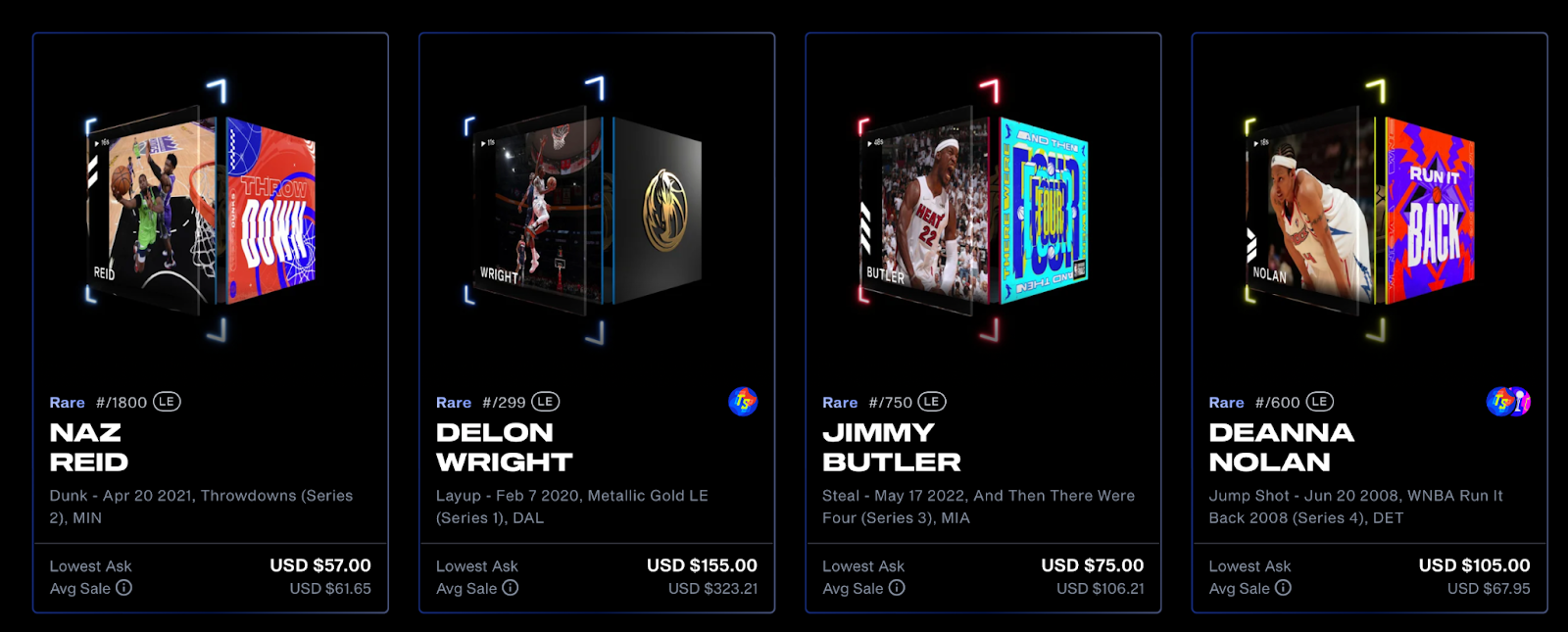 Sample NFT collectibles that can be won via the Top Shot loyalty program.