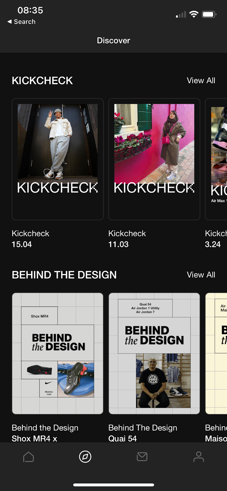 Screenshot from the Nike SNKRS App showing news and features for sneakerheads.