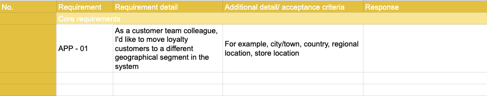 RFP as an Excel file with a description of the features for the loyalty program.