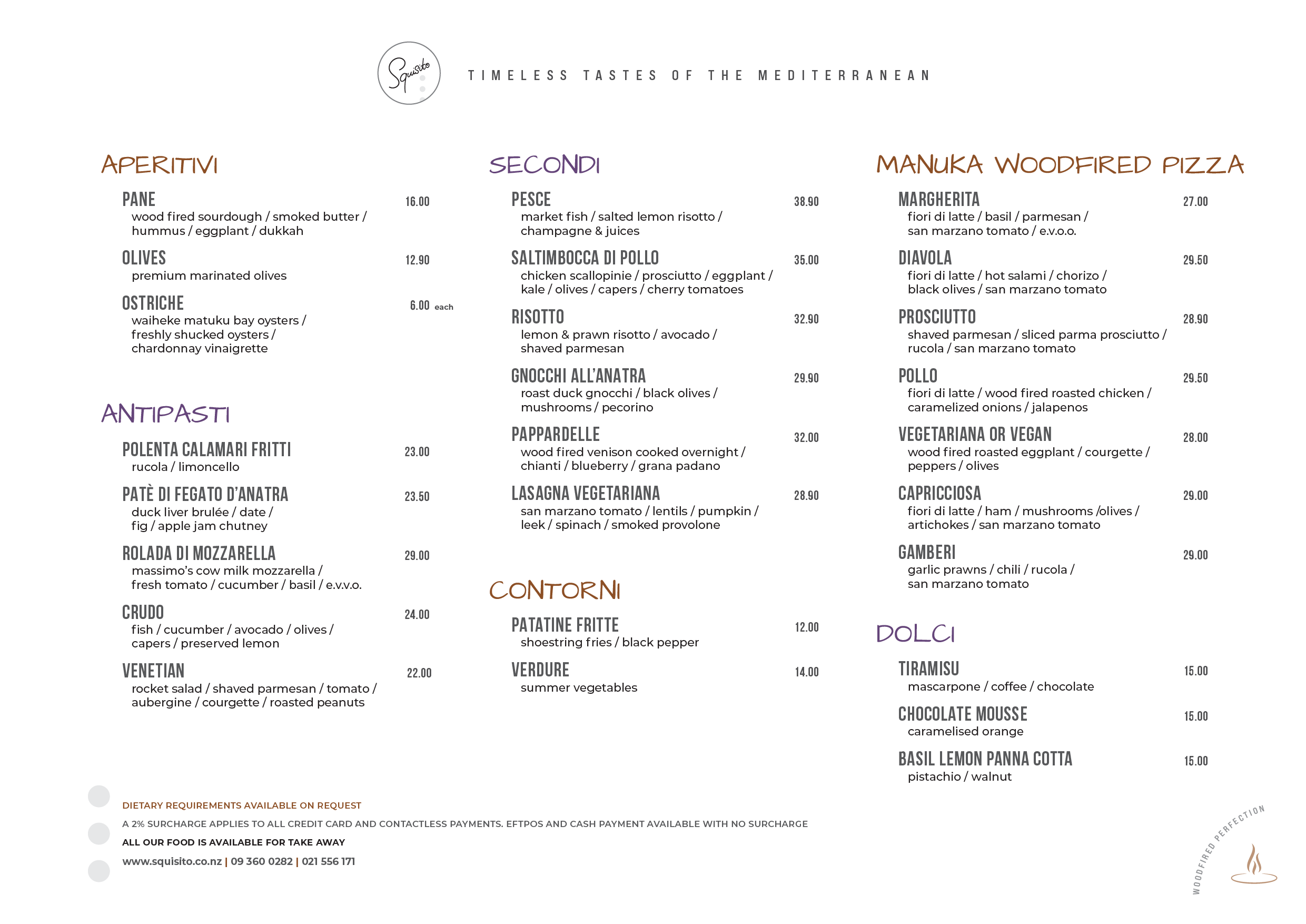 Squisito Trattoria Food Menu