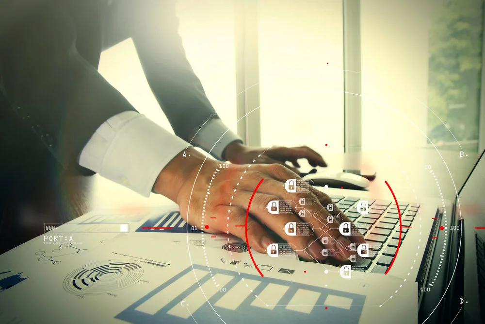 close up of business man hand working on blank screen laptop