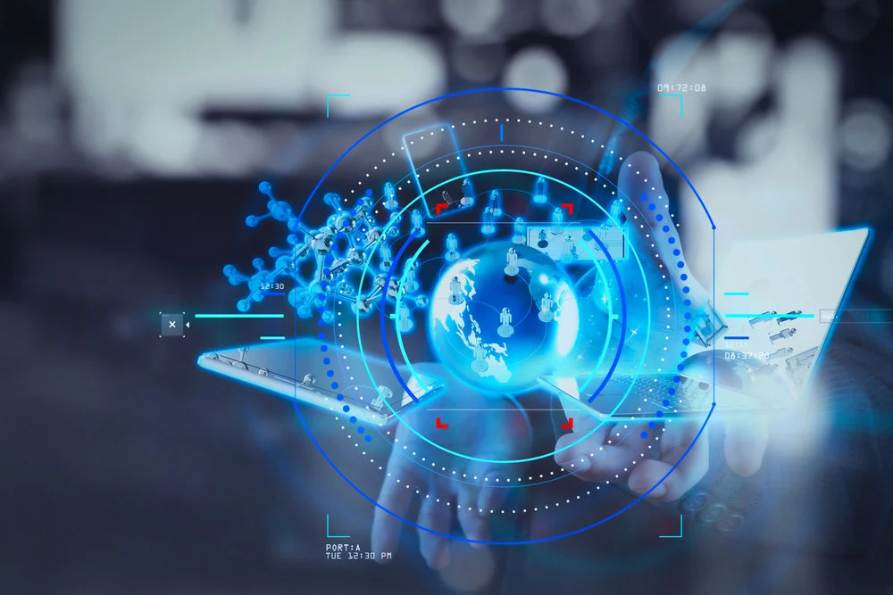 double exposure of businessman shows modern technology as concept
