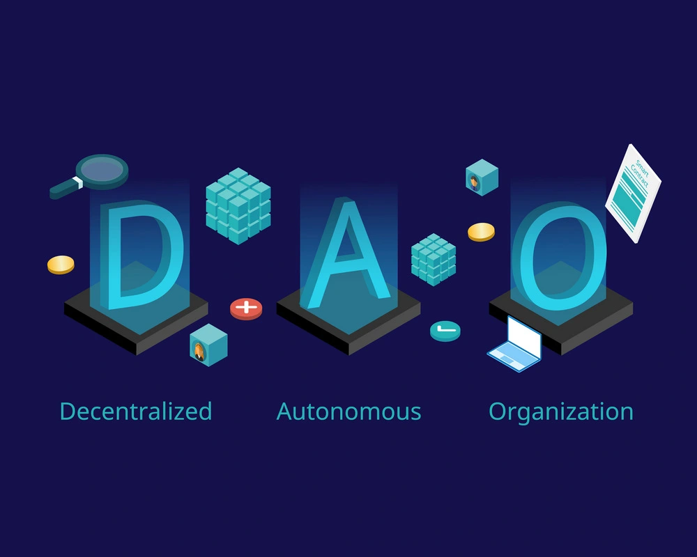 Decentralized Autonomous Organization on blue background