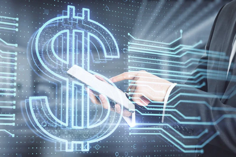 Open dollar concept on background man working through smartphone
