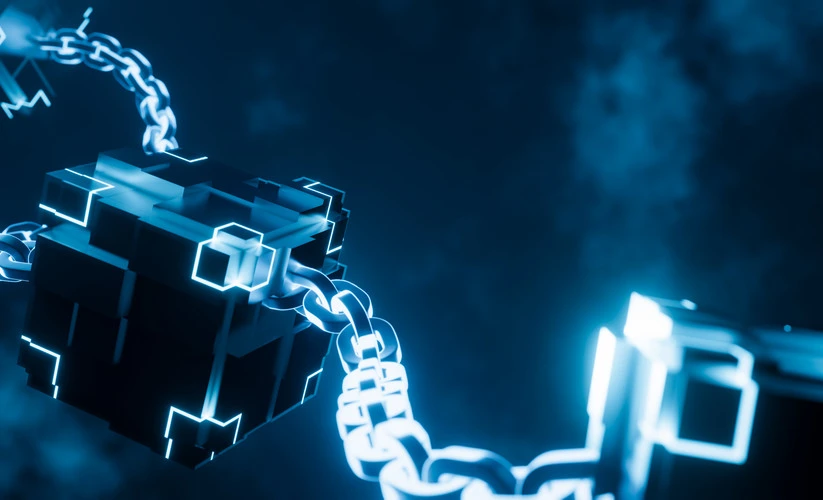 3D rendering of a glowing cube with a chain on a dark background. Blockchain technology concept