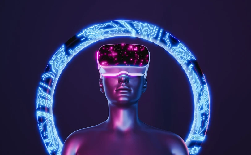 3D figure of a man wearing augmented reality glasses