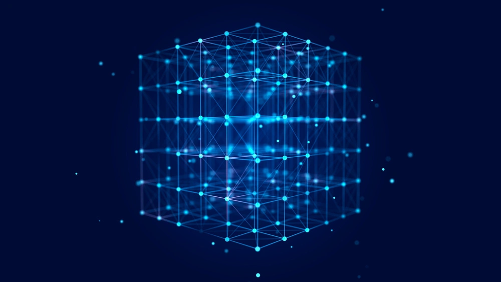blockchain concept in the form of a polygonal cube on a blue background